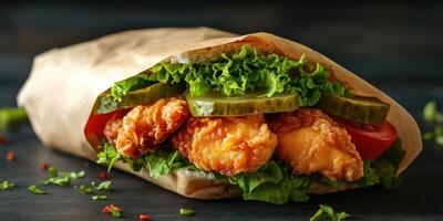 Tasty fried chicken sandwich with lettuce, tomatoes, pickles, and fresh herbs served in a paper wrap photo