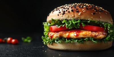 Delicious grilled chicken burger with fresh ingredients served on a sesame seed bun photo