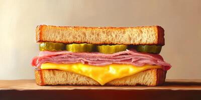 Delicious sandwich featuring ham, cheese, and pickles on crusty bread served at a cozy kitchen table photo