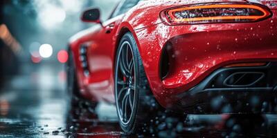 Red sports car parked on a rainy street, showcasing vibrant reflections and water droplets on a sleek exterior photo