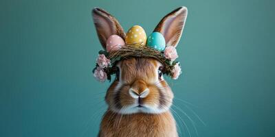 Easter rabbit with a flower crown and colorful eggs celebrating spring festivities photo