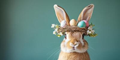 Rabbit wearing a nest with colorful eggs on its head in a spring setting photo