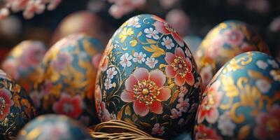 Colorful decorative eggs displayed during spring festival celebration in a vibrant setting with floral designs photo