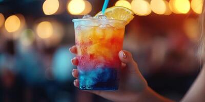Colorful layered cocktail with orange slice served in a vibrant bar atmosphere during the evening photo