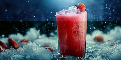 Refreshing strawberry slush drink on a bed of ice with droplets sparkling in the light photo