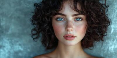Close-up portrait of a young woman with curly hair and striking blue eyes in front of a textured gray background photo