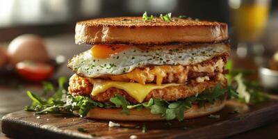 Delicious breakfast sandwich with fried egg, cheese, and crispy chicken on toasted bread photo
