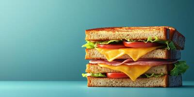 Delicious freshly made sandwich with layers of cheese, lettuce, and tomatoes on a turquoise background photo