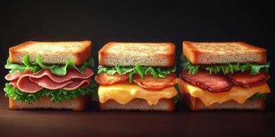 Delicious variety of stacked sandwiches featuring meats, cheese, and fresh greens set against a dark background photo