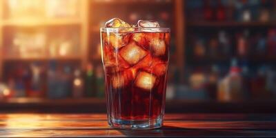 Refreshing glass of iced beverage on wooden table with blurred backdrop of a bar in the evening photo