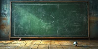 Blank chalkboard with two soccer balls on the floor in a dimly lit room photo
