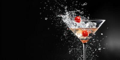 Vibrant cocktail splashes with cherry garnish in elegant glass on black background celebrating a refreshing drink moment photo