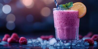 Refreshing berry smoothie served in a glass with ice and mint garnished in a dimly lit setting photo