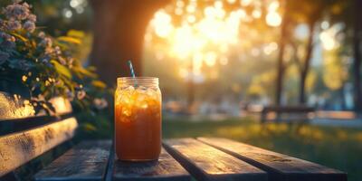 Refreshing iced beverage sits on a wooden bench in a sunlit park during a warm afternoon photo