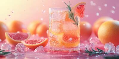 Refreshing citrus drink garnished with rosemary and surrounded by fresh fruits on a vibrant pink background photo