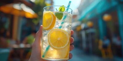 Refreshing lemonade served on a sunny day in a lively outdoor cafe setting with vibrant colors and cheerful atmosphere photo