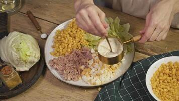 Chef prepares delicious garlic sauce based on mayonnaise and sour cream, mixing them in bowl to obtain creamy consistency. She adds sauce to salad of fresh vegetables and seafood, creating delicious combination of flavors. video