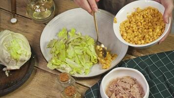 Iceberg lettuce or cabbage leaves are neatly arranged on plate, and chef adds canned corn kernels. Housewife prepares nutritious vegetable salad with seafood video