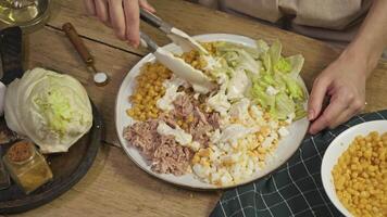 Vegetables, tuna, and other ingredients for a seafood salad are mixed together with white sour cream sauce based on mayonnaise, using kitchen tongs. video