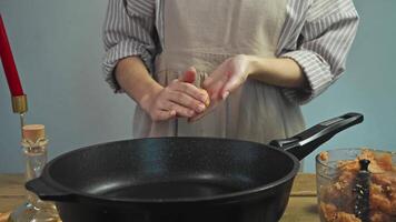 Housewife, wearing an old apron, prepares meatballs according to traditional Scandinavian recipe. She rolls minced meat between her hands, shapes it into round form, and fries it in pan. video