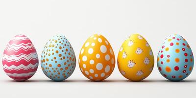 Colorful decorated Easter eggs lined up on a white background, showcasing spring themes and various patterns photo