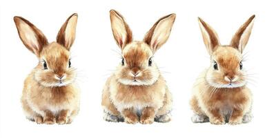 Three adorable rabbits sitting side by side with alert expressions and soft fur on a clean white background photo