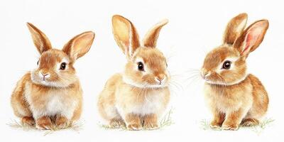 Three adorable brown rabbits posing on a soft background, showcasing their cute features and playful nature in a serene setting photo