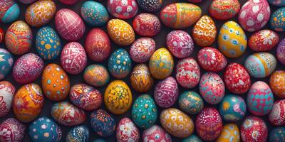 Vibrant and colorful decorated eggs displayed for spring celebrations and festive occasions, creating a lively and cheerful atmosphere photo