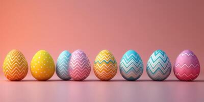 Colorful decorated Easter eggs arranged in a row on a pastel background during spring festivities photo