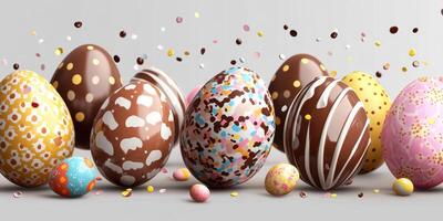 Colorful Easter eggs with decorative patterns and sprinkles on a neutral background photo