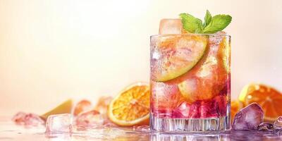 Refreshing cocktail with citrus and mint served over ice during a warm evening gathering photo
