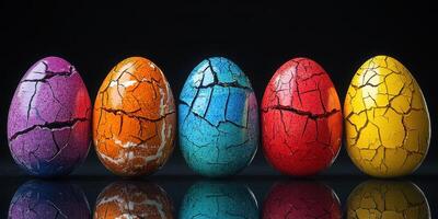 Colorful cracked eggs arranged in a line showcasing vibrant hues and textures photo