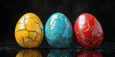 Beautifully crafted decorative eggs in vibrant colors displayed against a dark background during the spring season photo