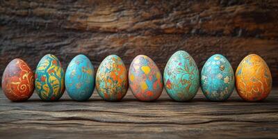 Colorful decorated eggs arranged in a row on a wooden surface showcasing intricate designs photo