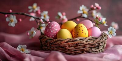 Colorful Easter eggs in a wicker basket surrounded by spring flowers on a soft pink background photo
