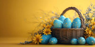 Colorful blue Easter eggs arranged in a wicker basket with flowers against a vibrant yellow background photo
