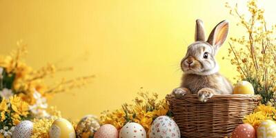 Cute rabbit sitting in a basket surrounded by colorful eggs and flowers during Easter celebrations in a bright setting photo
