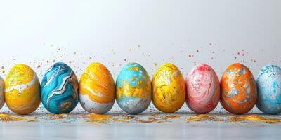 Colorful Easter eggs arranged in a row with splashes of paint against a light background photo
