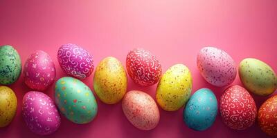Colorful decorated eggs arranged on a vibrant pink background during an Easter celebration photo