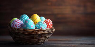 Decorative Easter eggs in a wicker basket placed on a dark wooden surface during spring festivities photo