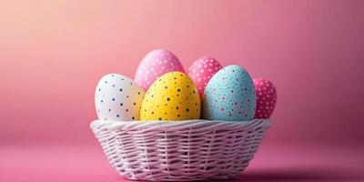 Colorful Easter eggs arranged in a decorative basket on a pastel backdrop photo