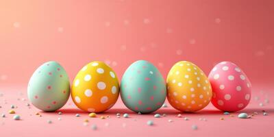 Colorful decorated eggs arranged on a soft pink background for a festive celebration photo