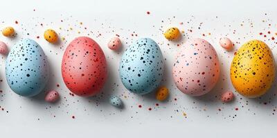 Colorful speckled eggs arranged artfully on a clean white surface for a festive celebration photo
