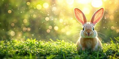 Curious rabbit sitting in a lush green field during a sunny afternoon with sparkling light in the background photo
