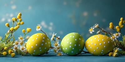 Colorful decorated easter eggs arranged with flowers on a serene blue background during springtime celebration photo