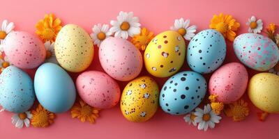 Colorful easter eggs arranged with daisies and flowers against a vibrant background photo