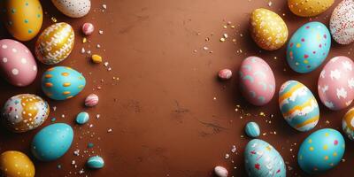 Colorful decorated Easter eggs arranged on a brown surface for a festive spring celebration photo