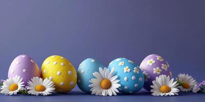 Colorful Easter eggs decorated with flowers on a purple background create a festive spring atmosphere for celebrations and family gatherings photo