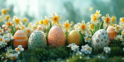 Colorful decorated Easter eggs surrounded by flowers in a serene garden setting during springtime joy photo
