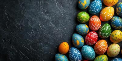 Colorful easter eggs arranged artistically on a dark textured surface during springtime festivities photo